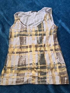 3/$20 David Cline White Tank Top with Gold and Brown Plaid Foil